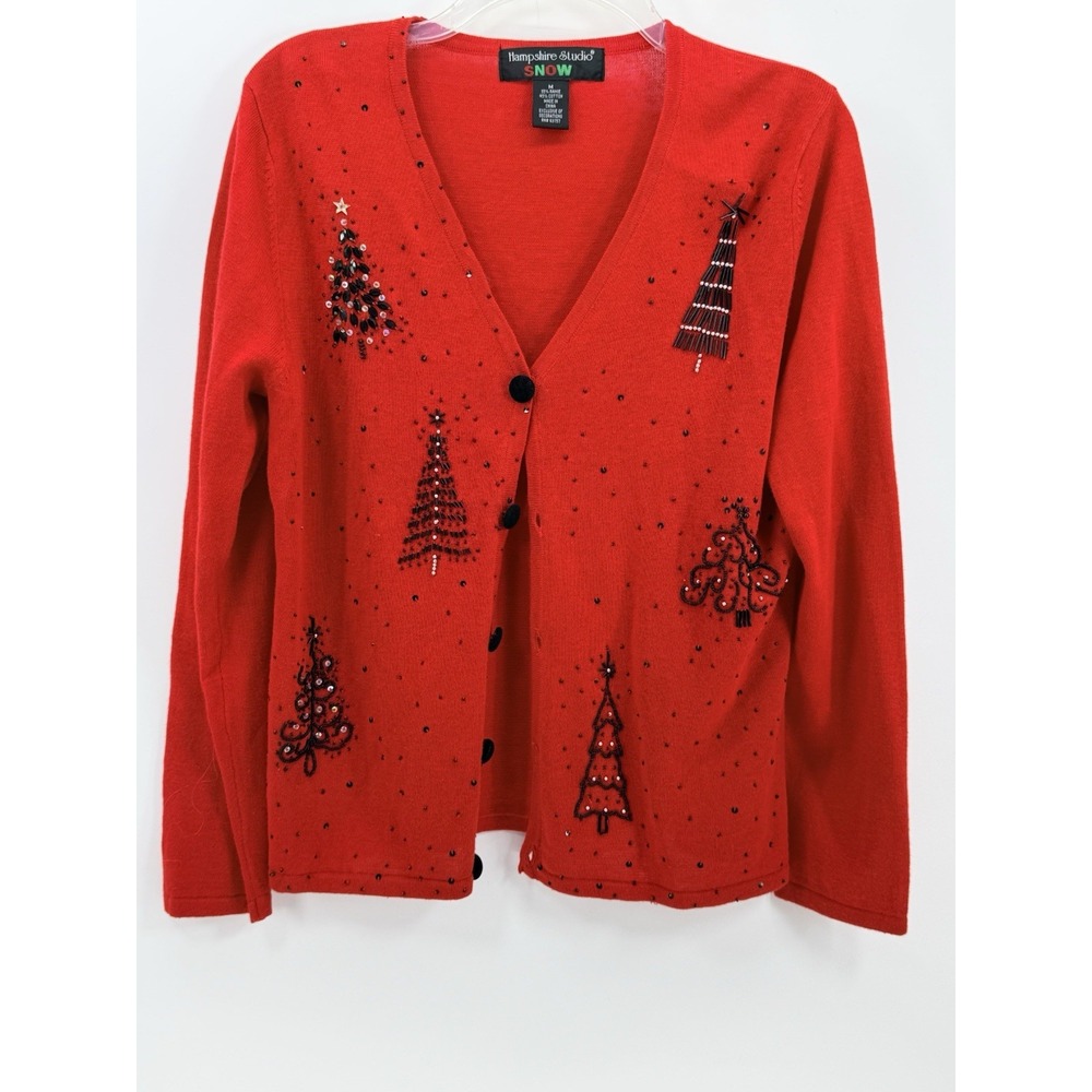 Vtg Hampshire Studio Red Women's M Sweater Beaded Christmas Trees Velvet Buttons